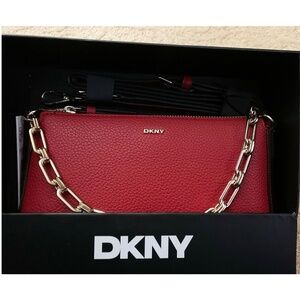 DKNY "Bryant Park" Red Demi Crossbody Leather Bag with Gold Chain Detail